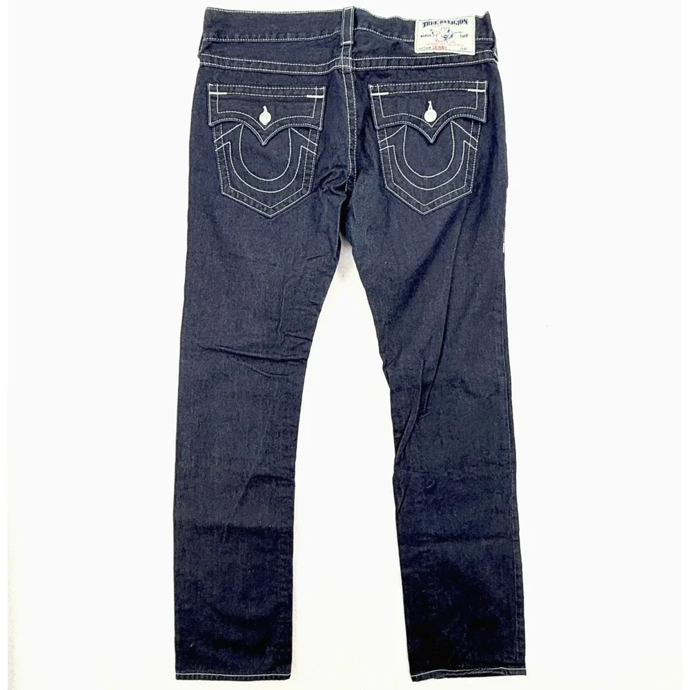 True Religion Mens Jeans 36 NWOT Y2K Skinny Flaps Dark Wash Blue Contrast Stitch
